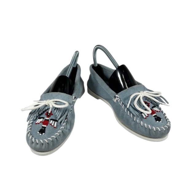 Minnetonka Shoes - Minnetonka Size 7 Moccasins Blue Suede Leather Beaded Slip On